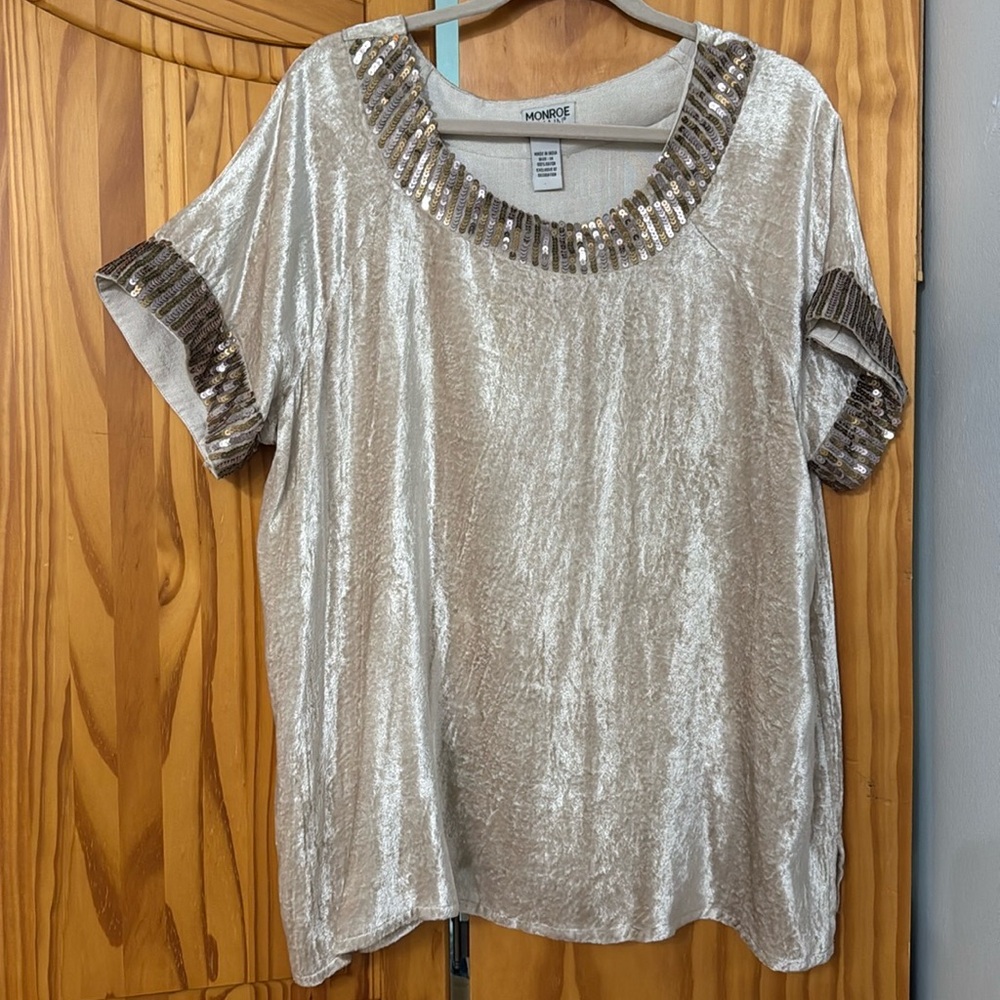 MONROE & MAIN VELVET SEQUIN-TRIM METALLIC TUNIC TOP WOMEN PLUS 1X BEIGE BROWN